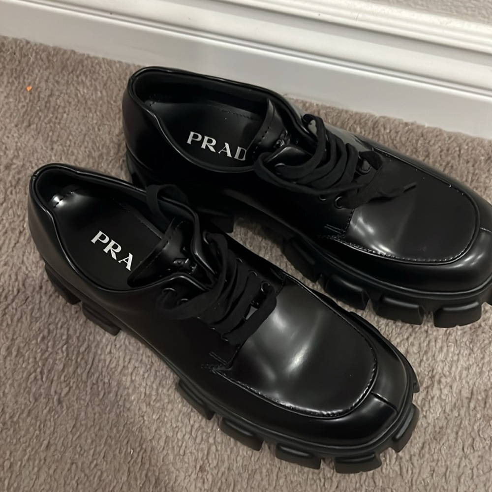 prada men monolith leather lace up shoes black size43